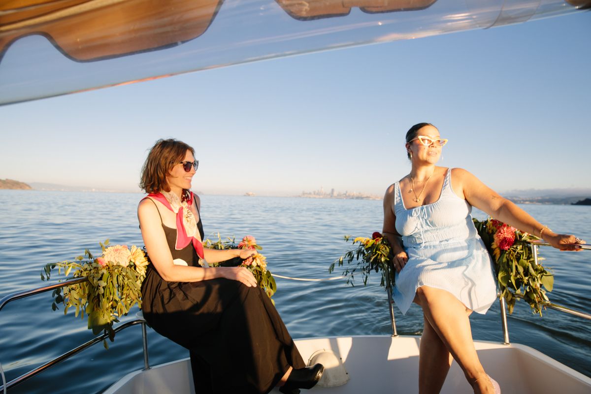 Guests relaxing on the deck of a Bae Boats electric boat on Richardson Bay in Sausalito