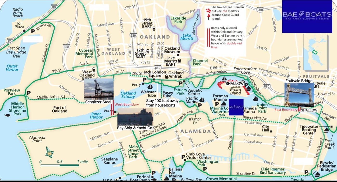 Map of the approved Bae Boats cruising area on the Oakland Estuary from Grand Marina in Alameda
