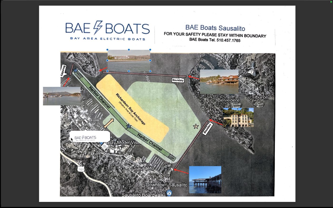 Map of the approved Bae Boats cruising area on Richardson Bay from Clipper Yacht Harbor in Sausalito