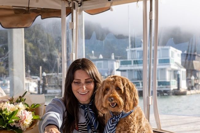 A dog aboard a Bae Boats electric boat at Clipper Yacht Harbor in Sausalito